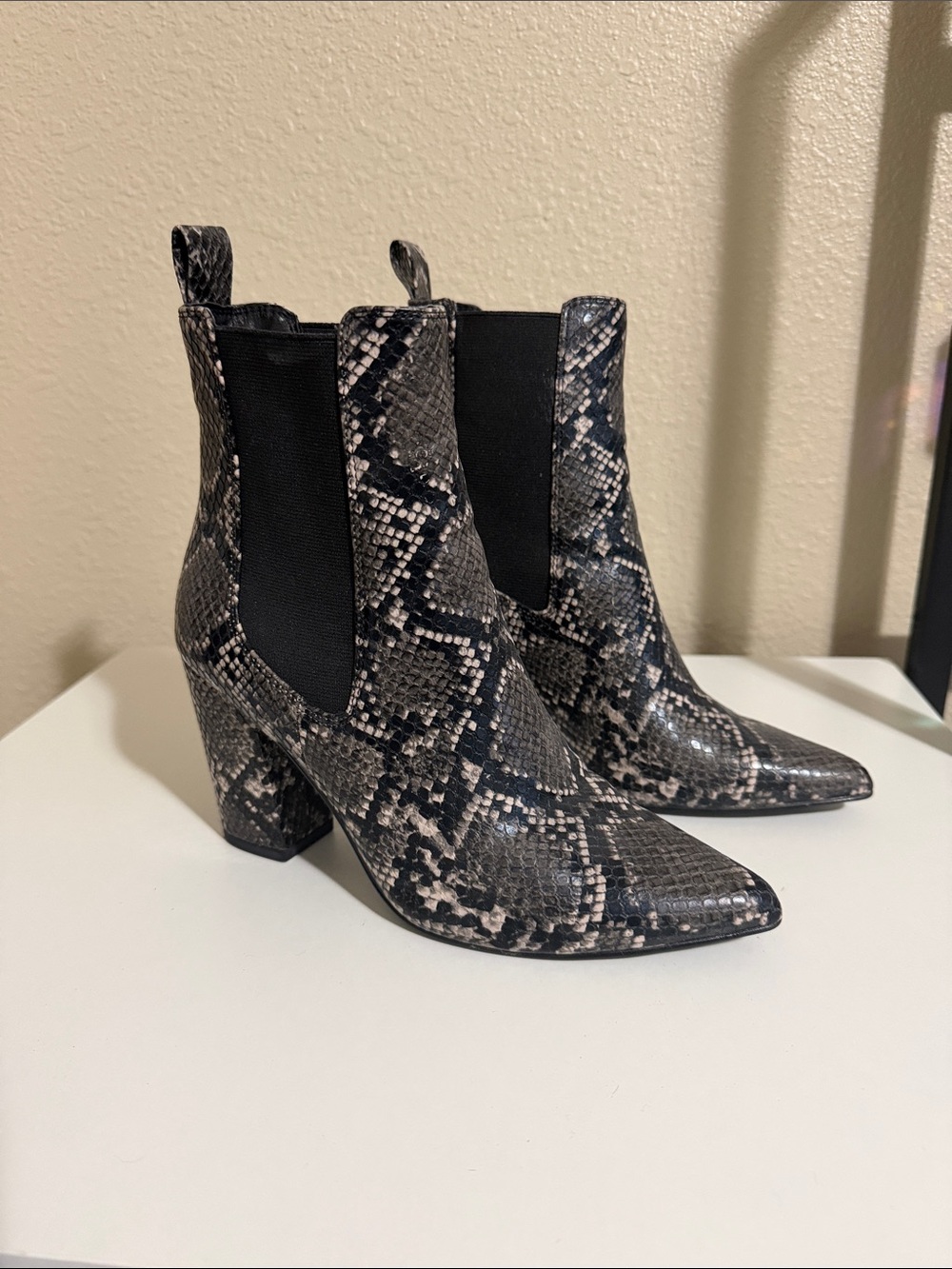 Steve Madden Snake-Print Pointed Chelsea Booties - Black/Gray